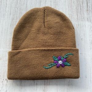 Embroidered Beanie. Hat. Winter. Floral. Flower. Purple.